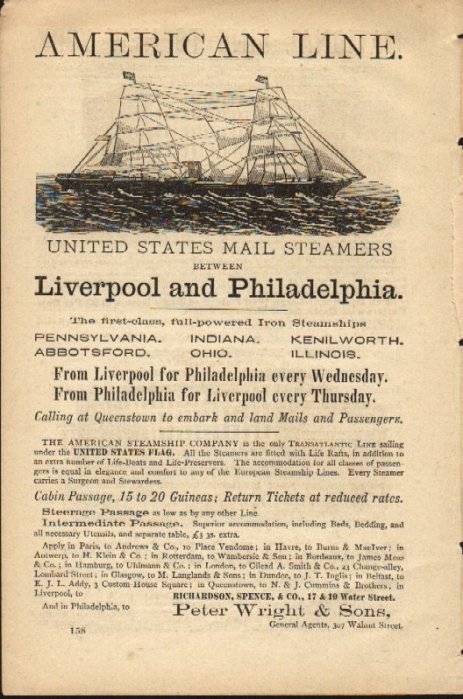 American Line Poster advertising Liverpool to Philadelphia route, shown at at theshipslist.com