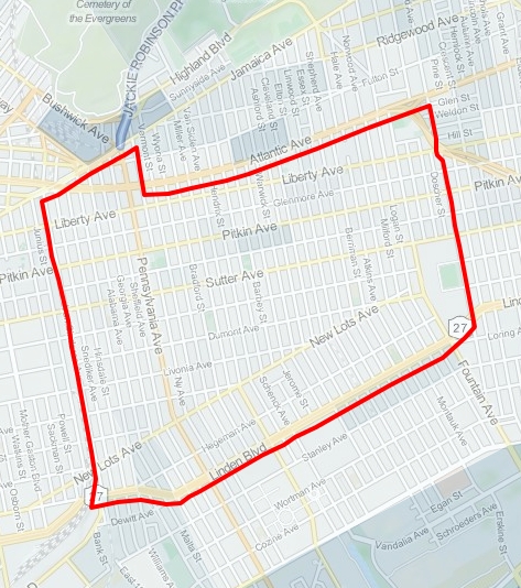 Approximate boundaries of East New York neighborhood in Brooklyn, NY